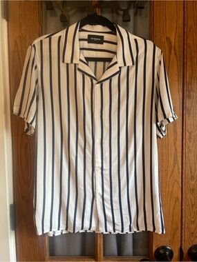 The Kooples Navy and White Vertical Stripe Short Sleeve Button-Down Shirt